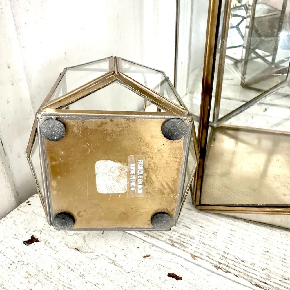 Brass & Glass Terrarium Candleholder Pair Lanterns Geometric Bohemian Decor